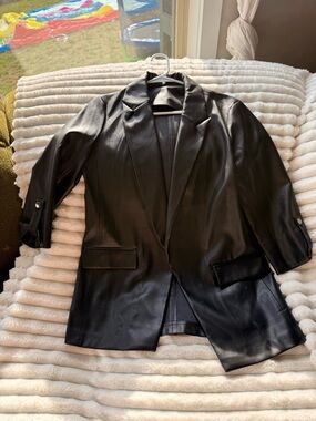 Classic Black Faux Leather Blazer Jacket - Women